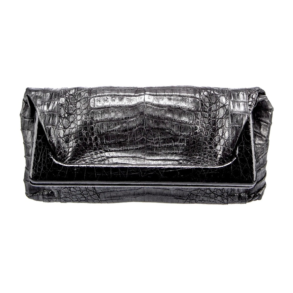 NANCY GONZALEZ Gray Crocodile Fold-over Clutch trimmed in black.